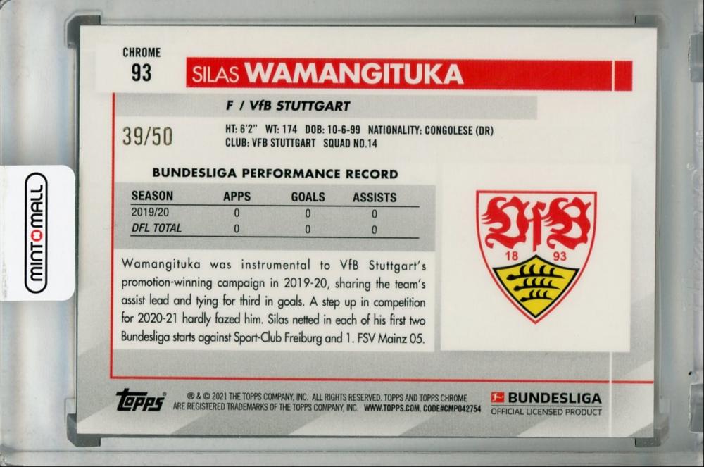 2020-21 Topps Chrome Bundesliga trading card of Silas Wamangituka VfB Stuttgart Base Gold Wave parallel number 39 of 50