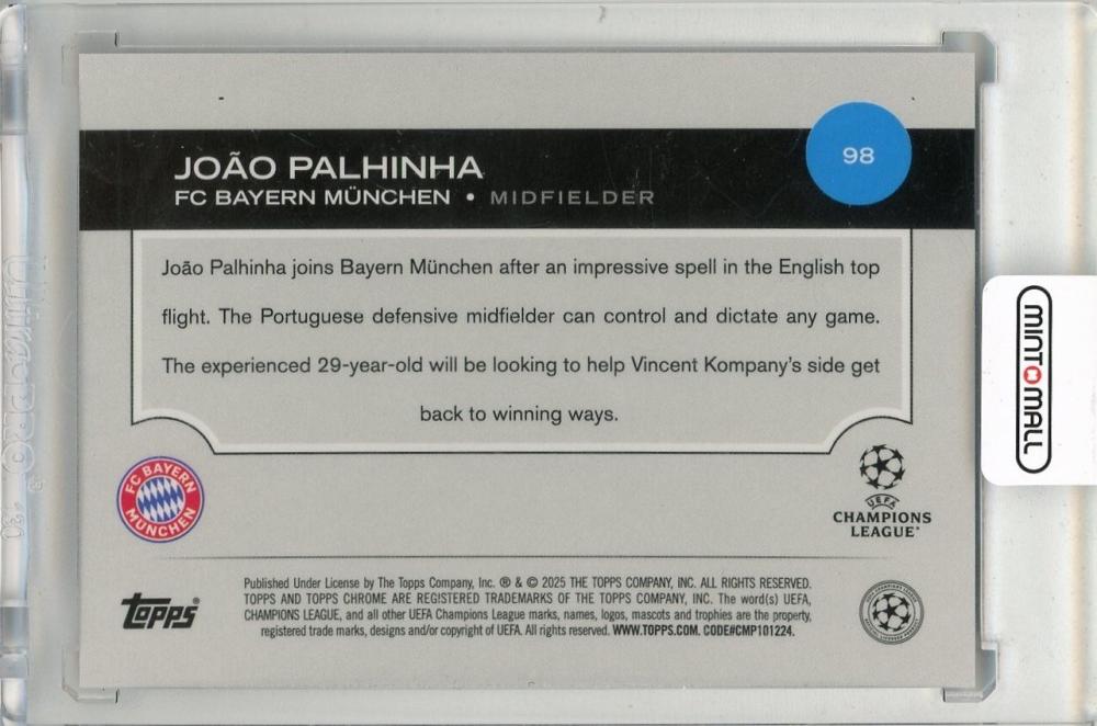 2024-25 TOPPS Chrome UEFA Club Competitions Joao Palhinha Purple X-Fractor #982/3 FC Bayern Munchen