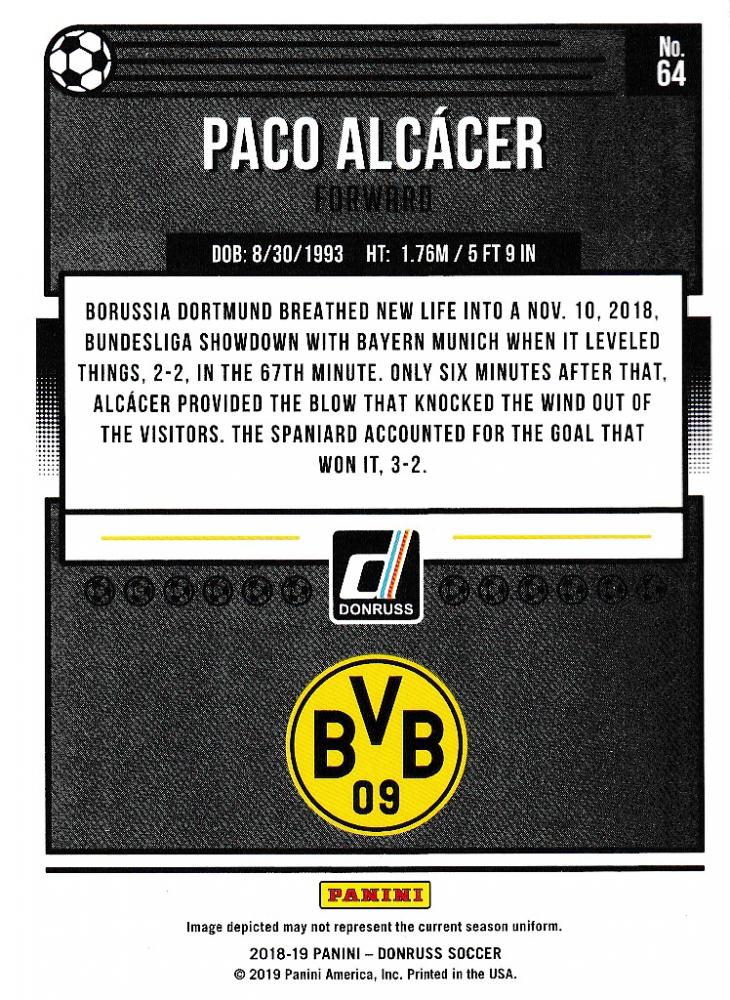 2018-19 Donruss Borussia Dortmund Paco Alcacer Base Blue Parallel trading card serial numbered 4 of 5