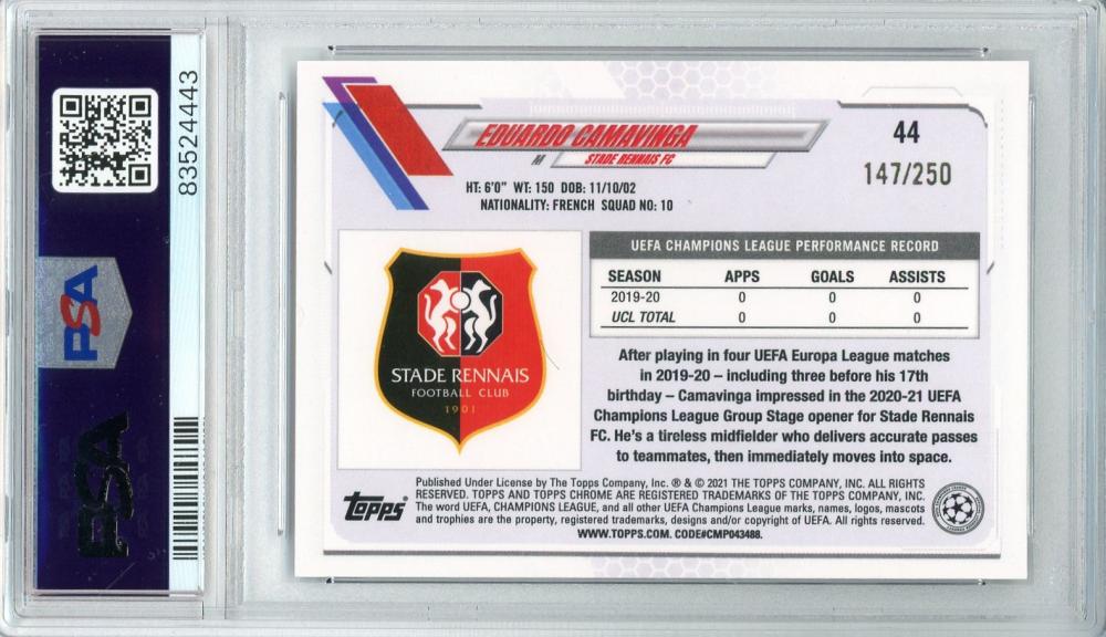 2020-21 TOPPS Chrome UEFA Champions League Eduardo Camavinga Purple Refractors #44 147/250 PSA8 Stade Rennais F.C
