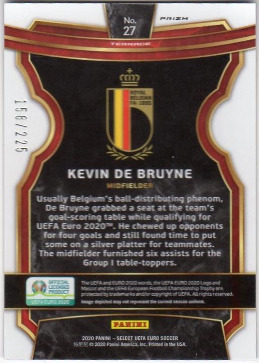 2020 Panini Select UEFA EURO Soccer Kevin De Bruyne No.27 PRIZM card serial numbered 158 of 225
