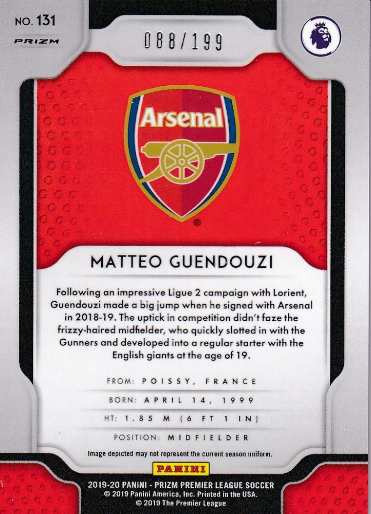 2019-20 Panini Prizm Premier League Arsenal Matteo Guendouzi Base Blue Parallel card number 088 of 199