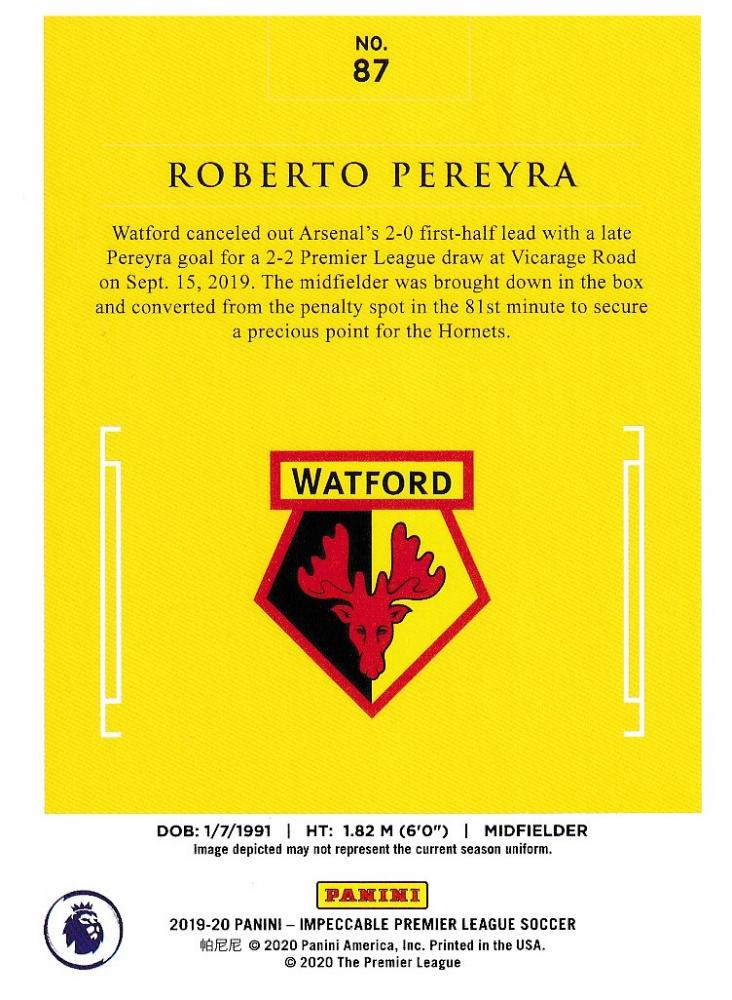 2019-20 Panini Impeccable Premier League Watford Roberto Pereyra Base Silver Parallel card numbered 10 of 35 with minor stain