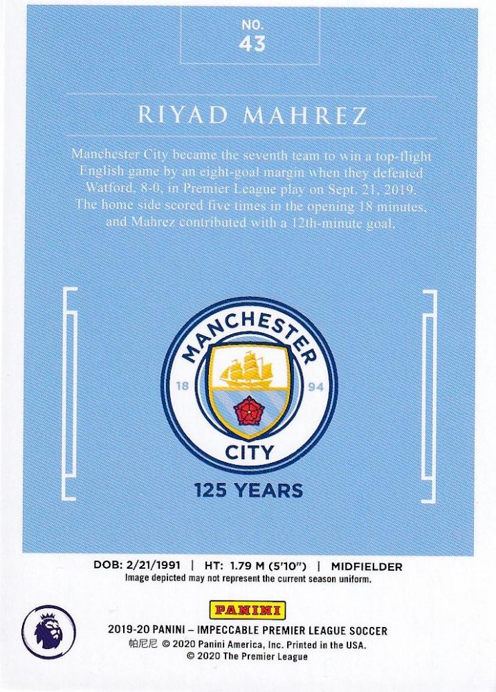 2019-20 Panini Impeccable Premier League Manchester City Riyad Mahrez Base card numbered 54 of 65 with minor stain on back