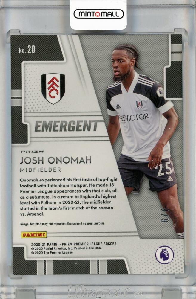 2020-21 PANINI Prizm Premier League Emergent Prizms Blue Shimmer Josh Onomah trading card number 20, serial 6 of 8