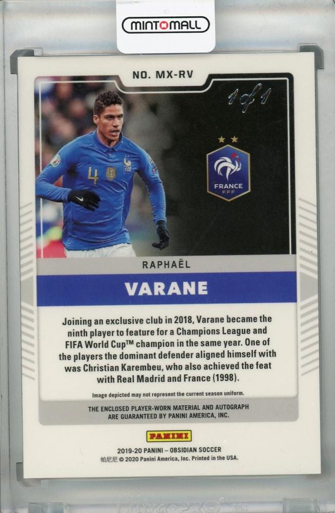 2019-20 Panini Obsidian Raphael Varane Matrix Material Autos Blue Finite 1 of 1 football card