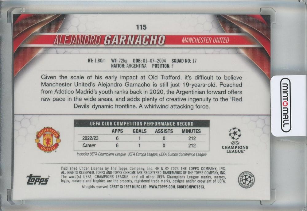 2023-24 Topps Chrome UEFA Club Competitions Alejandro Garnacho Gold Lava Refractors #115 Manchester United
