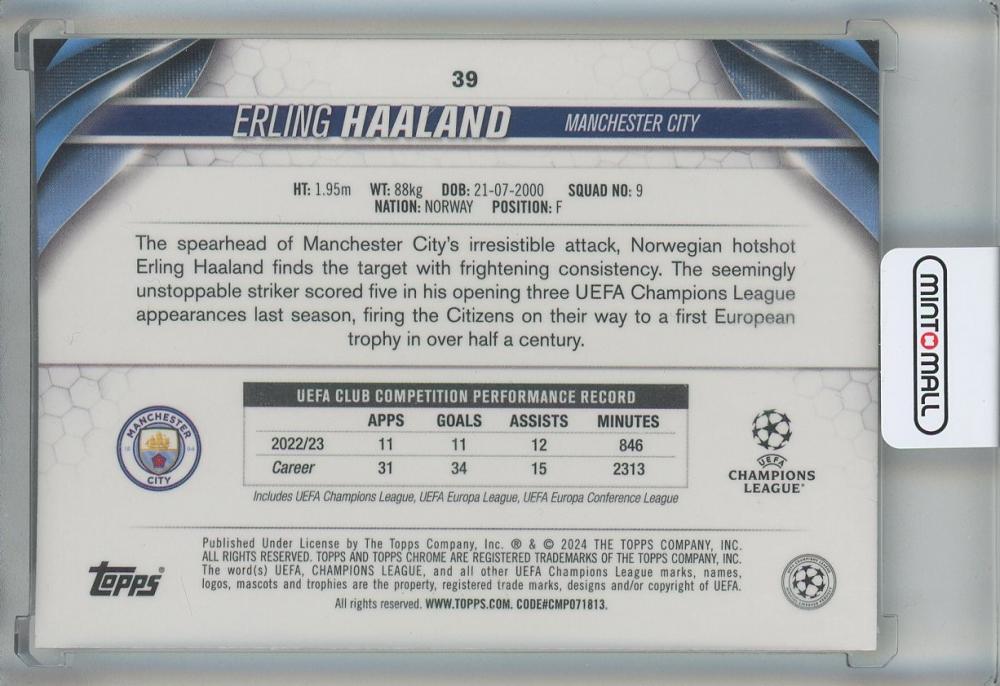 2023-24 Topps Chrome UEFA Club Competitions Erling Haaland Night Vision Ray Wave Refractors #39066/225 Manchester City