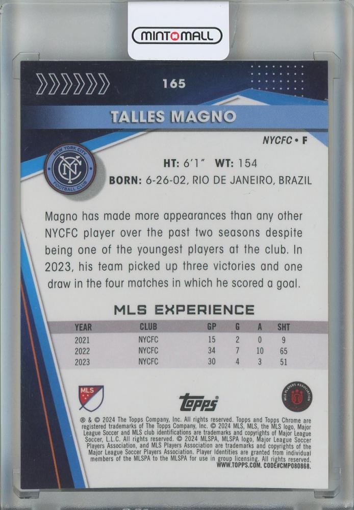 2024 Topps Chrome Sapphire MLS Talles Magno Black Sapphire #1651/10 NYCFC
