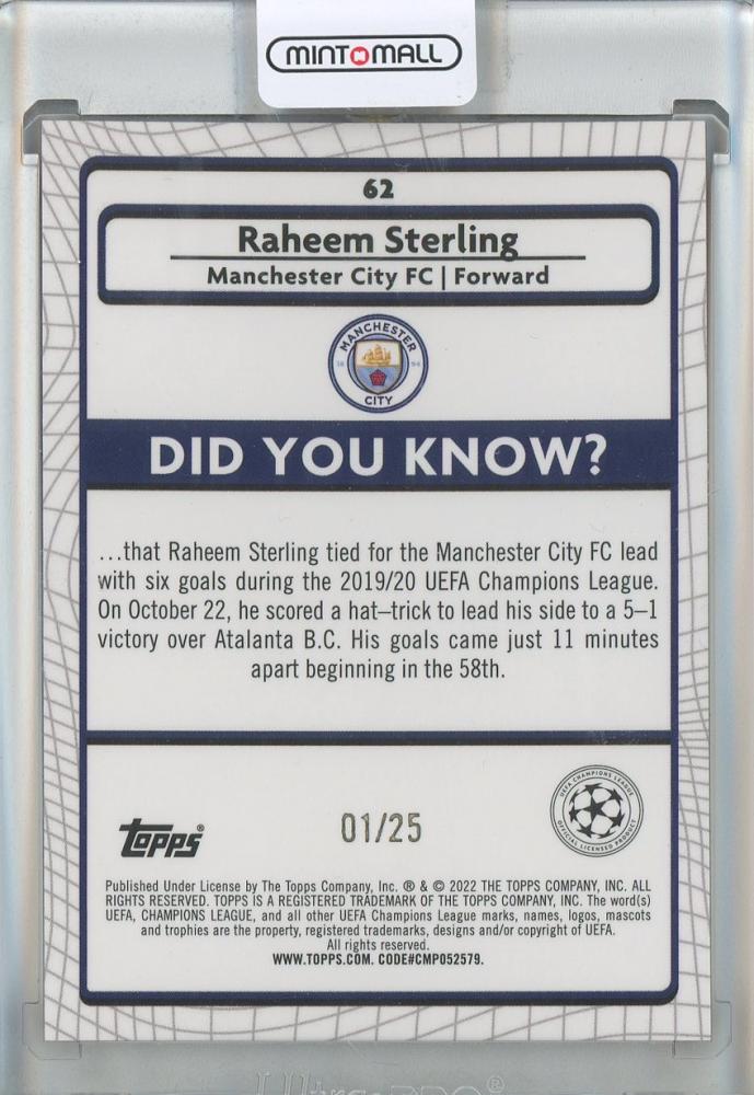 2021-22 Merlin UEFA Champions League Raheem Sterling Orange Refractors #6201/25 Manchester City