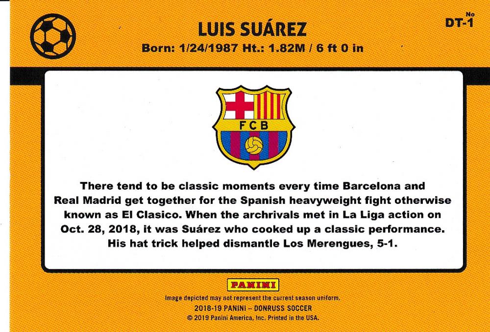 2018-19 Donruss FC Barcelona Luis Suarez 1989 Tribute Gold Parallel Version collectible card serial 15/75