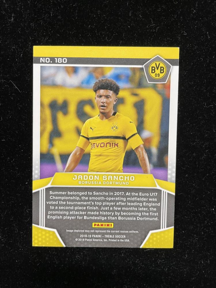 2018-19 Panini Treble Borussia Dortmund Jadon Sancho Base Panini Premiere trading card with minor back stain