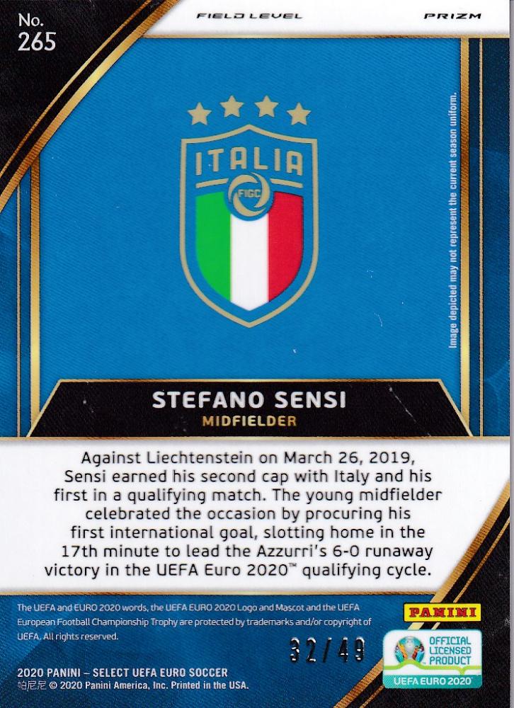 2020 Panini Select UEFA Euro Preview Italy Stefano Sensi card with base nameplate and color variation serial 32 of 49