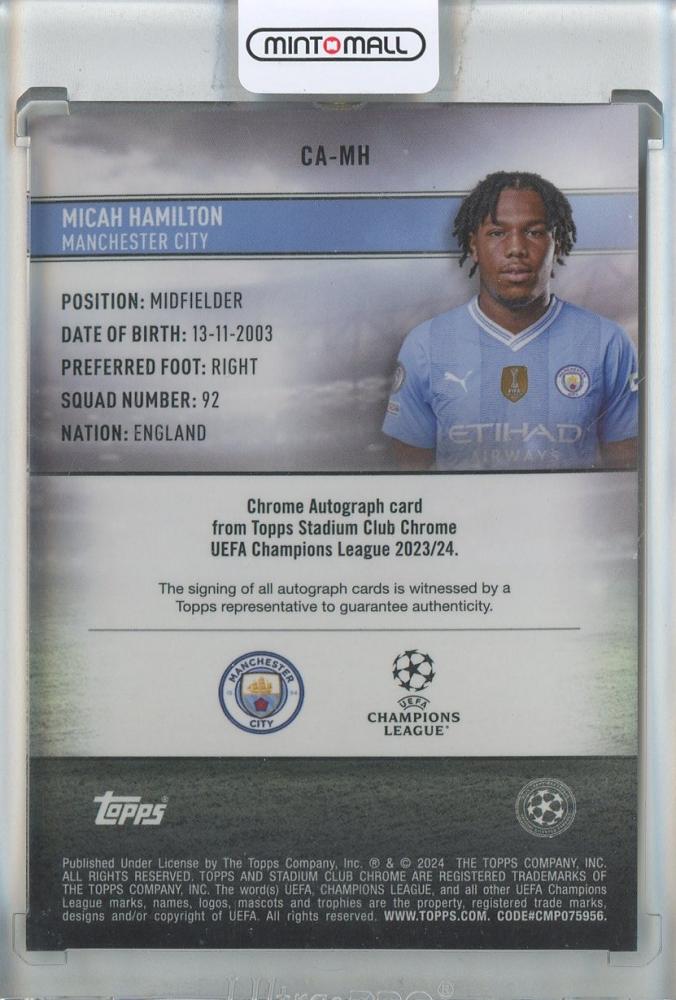 2023-24 Stadium Club Chrome UEFA Champions League Micah Hamilton Chrome Autographs #CAMH Manchester City