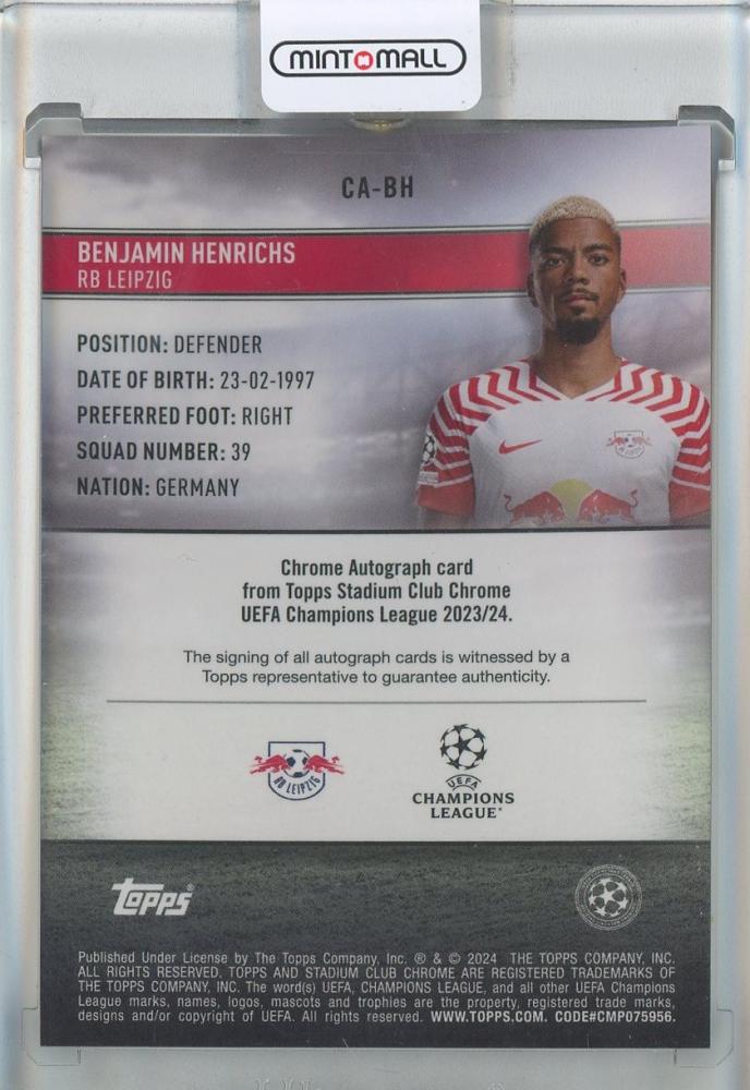 2023-24 Stadium Club Chrome UEFA Champions League Benjamin Henrichs Chrome Autographs #CABH RB Leipzig