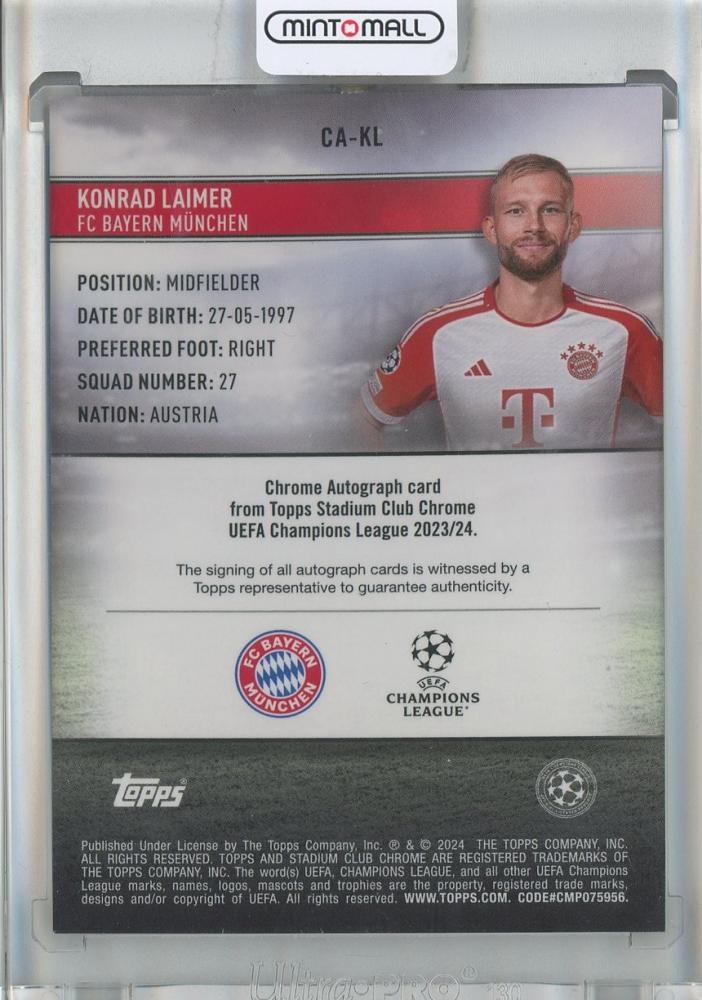 2023-24 Stadium Club Chrome UEFA Champions League Konrad Laimer Chrome Autographs #CAKL FC Bayern Munchen