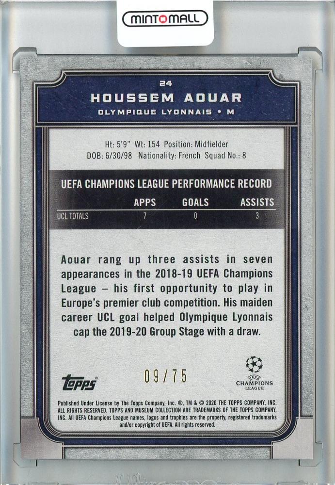 2019-20 Topps Museum Collection UEFA Champions League Houssem Aouar Sapphire/#2409/75 Olympique Lyonnais