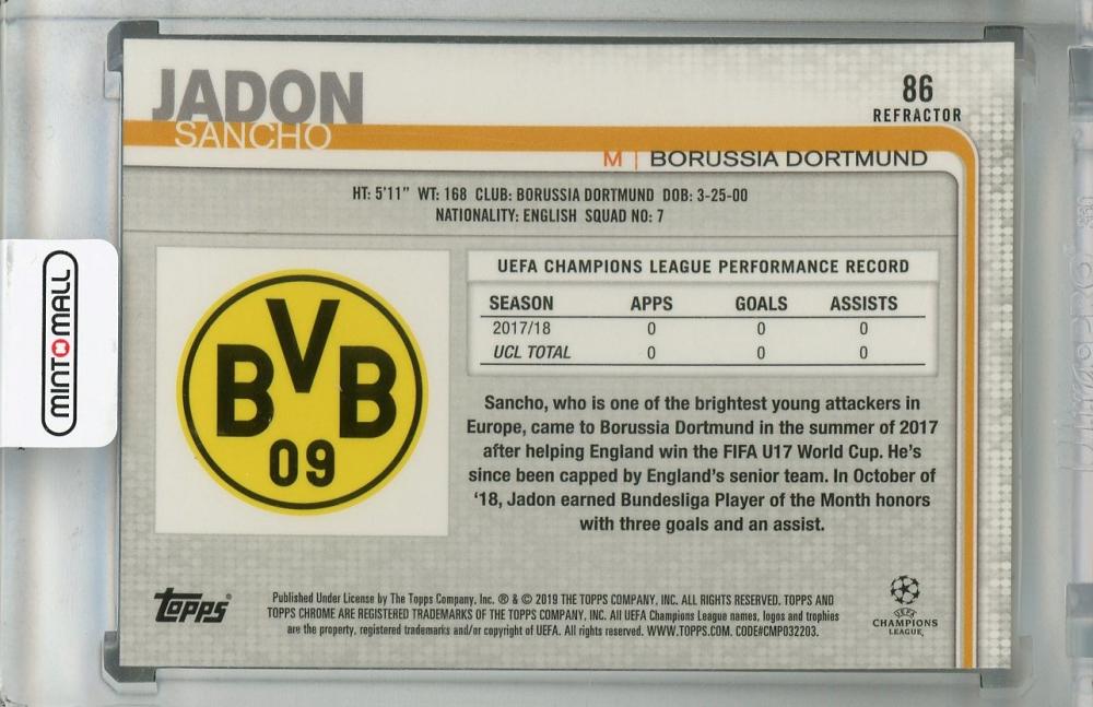 2018-19 Topps Chrome UEFA Champions League Borussia Dortmund Jadon Sancho Base Refractor parallel trading card