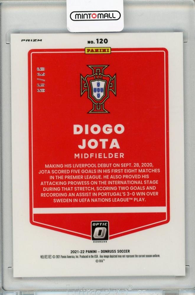 2021-22 Donruss Soccer Road to Qatar Portugal Diogo Jota Base Optic Purple Velocity card numbered 93 of 99