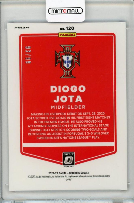 2021-22 Donruss Soccer Road to Qatar Portugal Diogo Jota Base Optic Purple Velocity card numbered 93 of 99