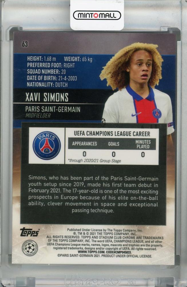 2020-21 Topps Stadium Club Chrome UEFA Champions League Paris Saint-Germain Xavi Simons Base Orange/Yellow Electric Wave Rookie Card