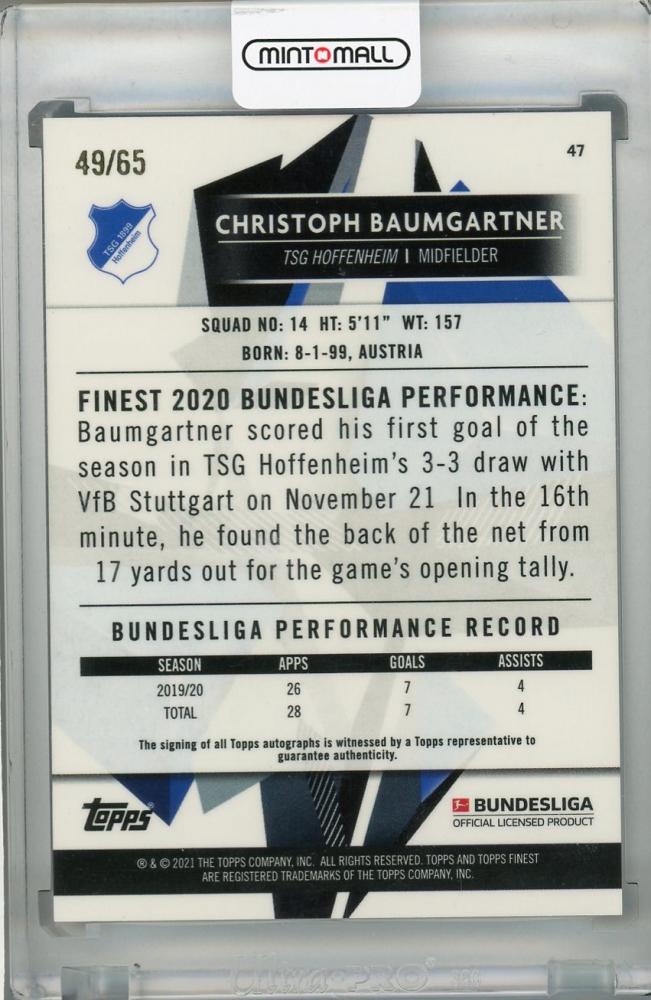 2020-21 Topps Finest Bundesliga TSG Hoffenheim Christoph Baumgartner Base Autographs Blue Parallel trading card 49 out of 65