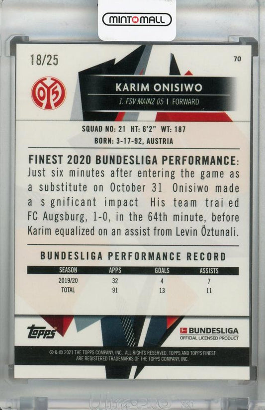 2020-21 Topps Finest Bundesliga Karim Onisiwo Base Orange Parallel trading card numbered 18 of 25