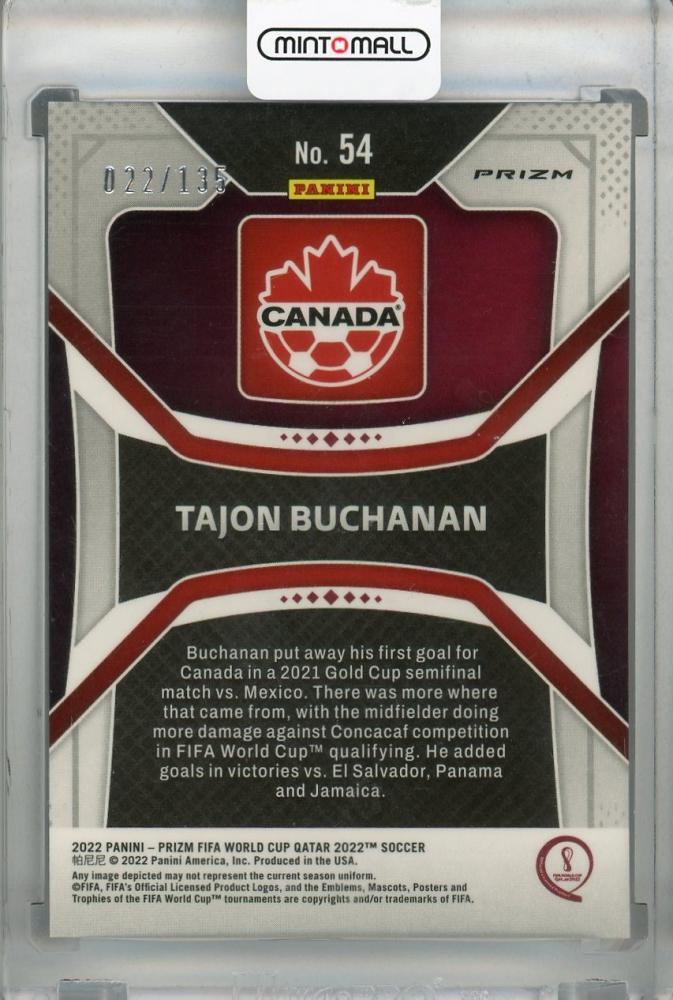 2022 Panini Prizm FIFA World Cup Qatar Choice Canada Tajon Buchanan Base Blue Rookie Card serial 022 of 135
