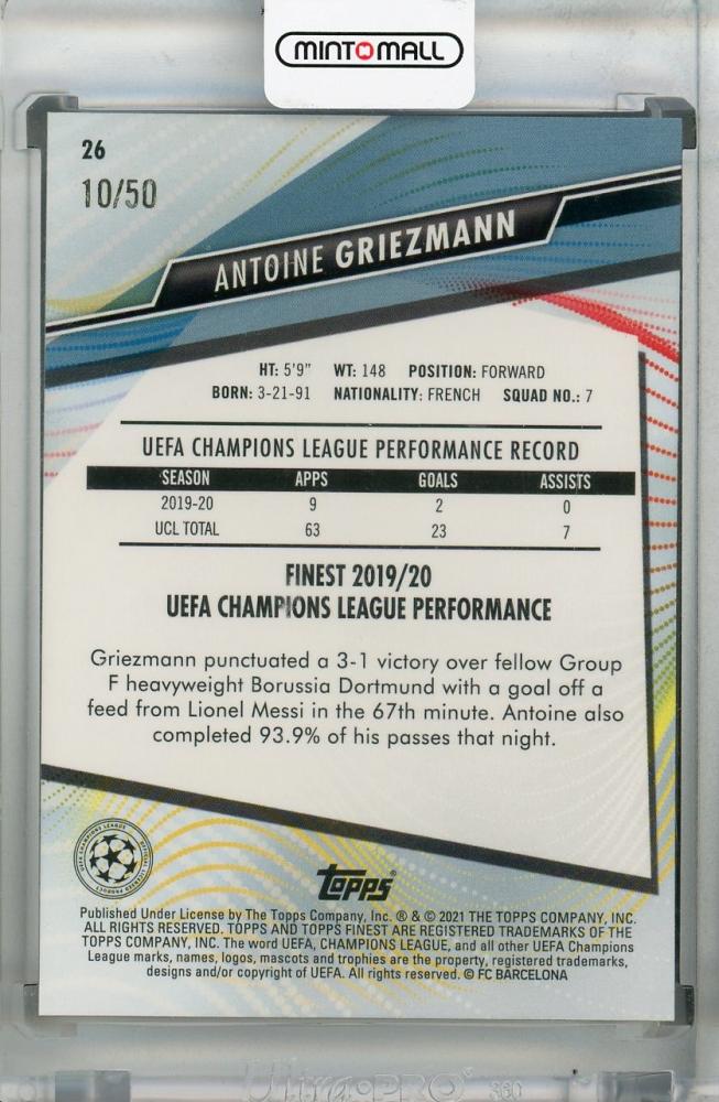 2020-21 Topps Finest UEFA Champions League FC Barcelona Antoine Griezmann Base Gold Parallel card numbered 10 of 50