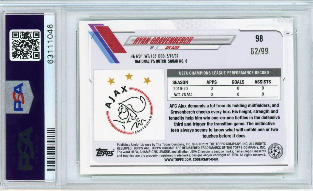 2020-21 Topps Chrome UEFA Champions League AFC Ajax Ryan Gravenberch Neon Green PSA 9 RC card serial 62 of 99