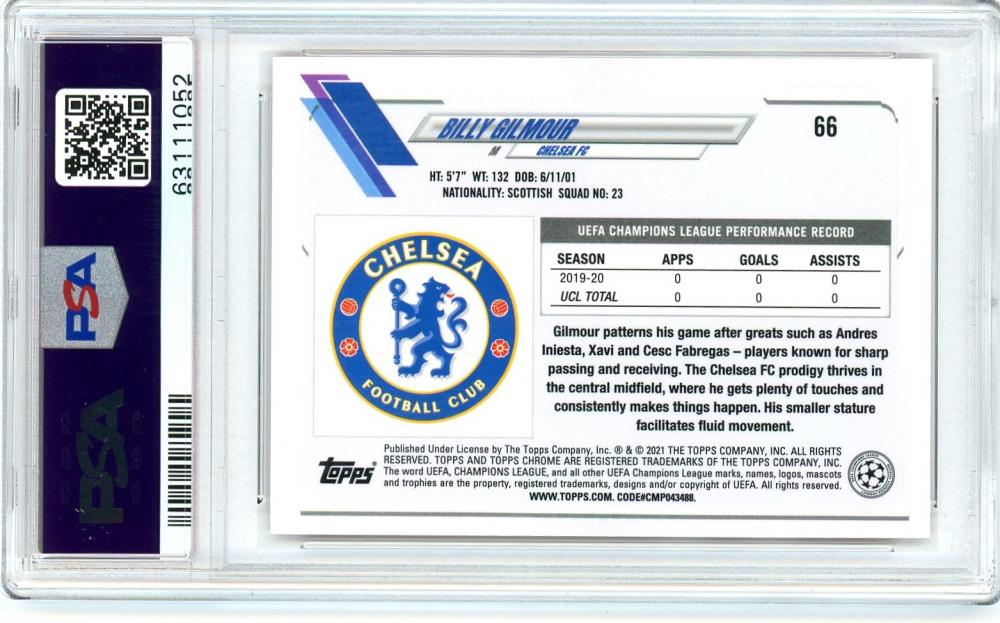 2020-21 Topps Chrome UEFA Champions League Chelsea FC Billy Gilmour Base Red Carbon Fiber PSA 9 trading card