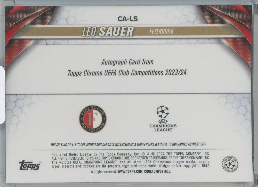 2023-24 Topps Chrome UEFA Club Competitions Leo Sauer Chrome Autographs Violet Speckle Refractors #CALS023/299 Feyenoord