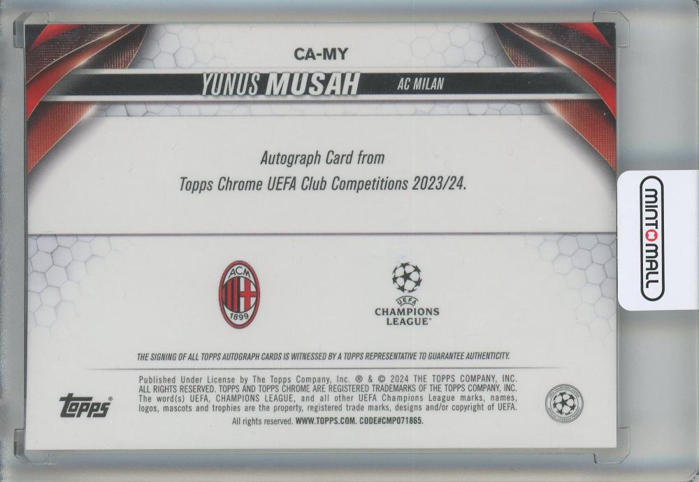 2023-24 Topps Chrome UEFA Club Competitions Yunus Musah Chrome Autographs #CAMY AC Milan