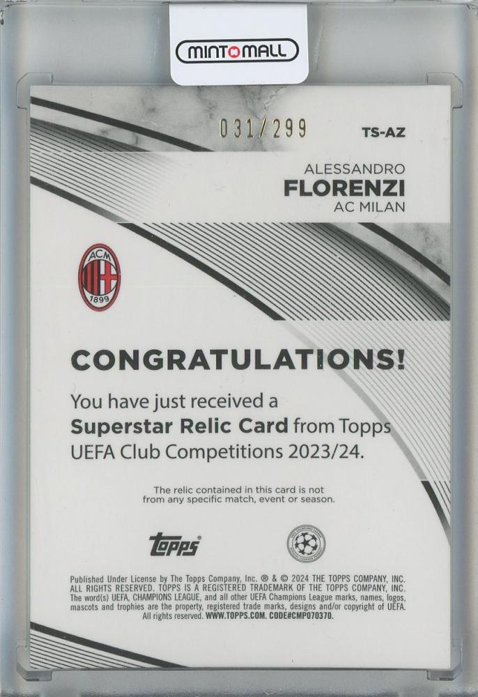 2023-24 Topps UEFA Club Competitions Alessandro Florenzi Superstar Relics Purple Foil #TSAZ031/299 AC Milan
