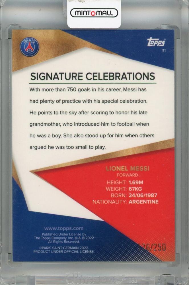 2021-22 Topps Paris Saint-Germain Team Set Lionel Messi Signature Celebrations Rainbow Foil #31 ※Initial Damage 176/250