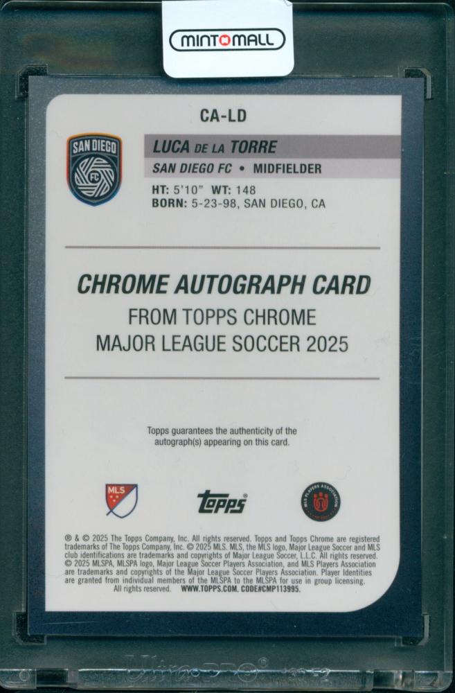 2025 TOPPS CHROME MLS HOBBY Luca de la Torre Chrome Autographs Gold Refractor23/50 SAN DIEGO FC