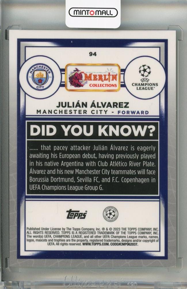 2022-23 TOPPS Merlin UEFA Club Competitions Manchester City Julian Alvarez #94 Green Mojo 11/99