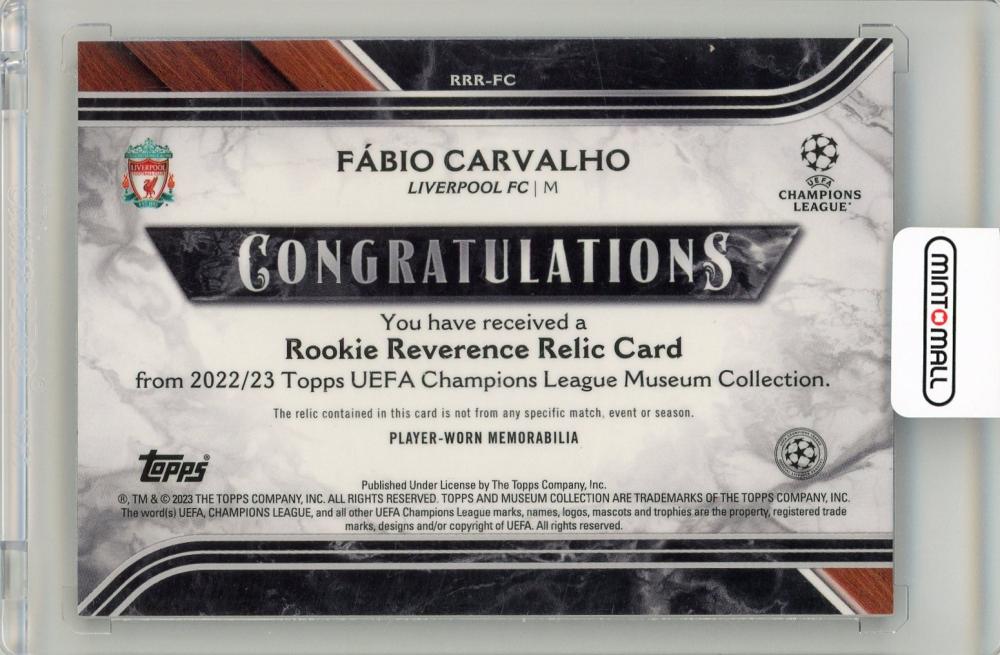 2022-23 Topps Museum Collection UEFA Champions League Fabio Carvalho Rookie Reverence Relics087/199 Liverpool FC