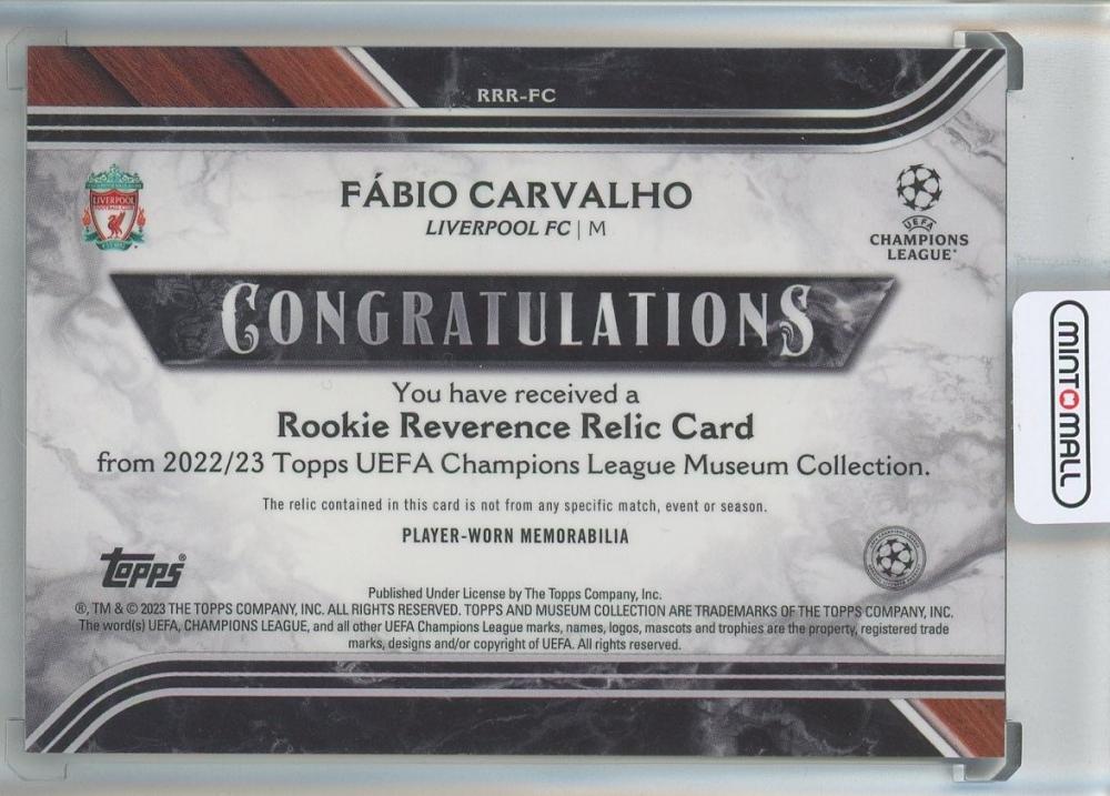 2022-23 Topps Museum Collection UEFA Champions League Fabio Carvalho Rookie Reverence Relics #RRRFC011/199 Liverpool FC