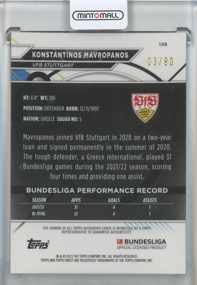 2022-23 Finest Bundesliga Konstantinos Mavropanos Autographs Purple Wave Refractors #BCAKM03/80 VfB Stuttgart