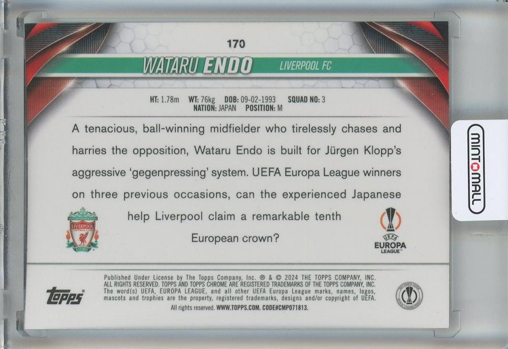 2023-24 Topps Chrome UEFA Club Competitions Wataru Endo Pulsar Refractors #170 Liverpool FC