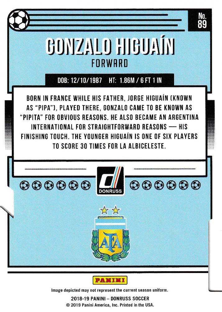 2018-19 Donruss Soccer card of Gonzalo Higuain from Argentina Base Gold Die-Cuts Parallel 03/10