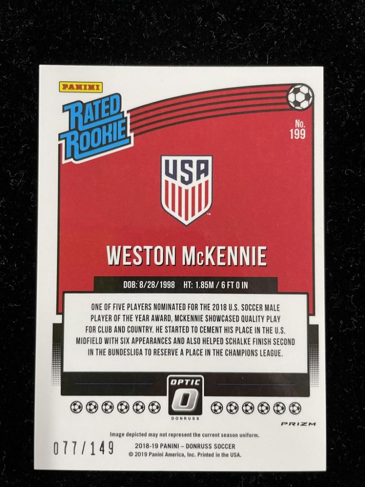 2018-19 Donruss United States Weston McKennie Base Rated Rookie Aqua Parallel card serial 077 out of 149