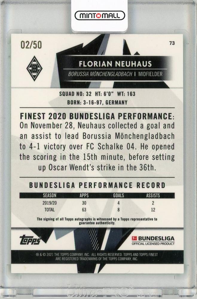 2020-21 TOPPS Finest Bundesliga Green Refractors autograph trading card featuring Florian Neuhaus numbered 02 of 50