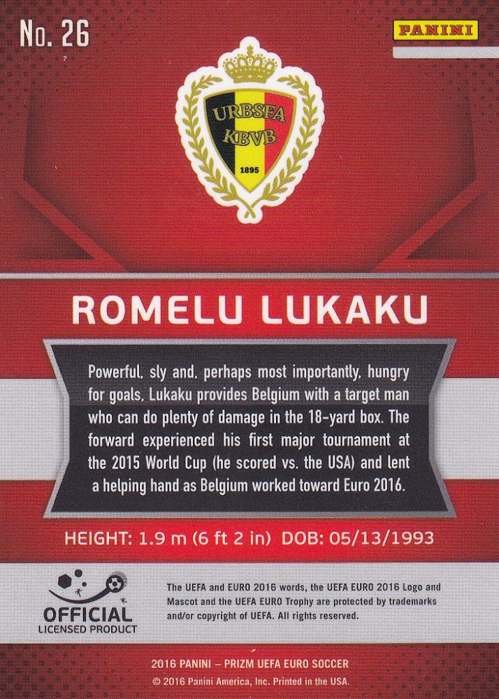 2016 Panini Prizm Euro Belgium Romelu Lukaku Base trading card featuring Romelu Lukaku in Belgium uniform