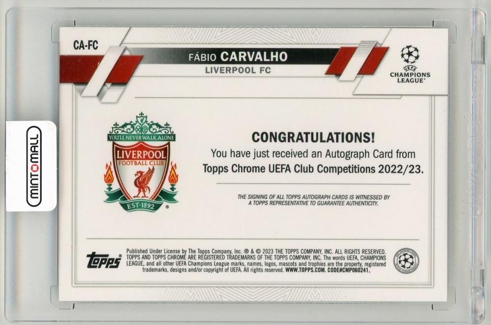 2022-23 Topps Chrome UEFA Club Competitions Fabio Carvalho AutographsCA-FC Liverpool FC