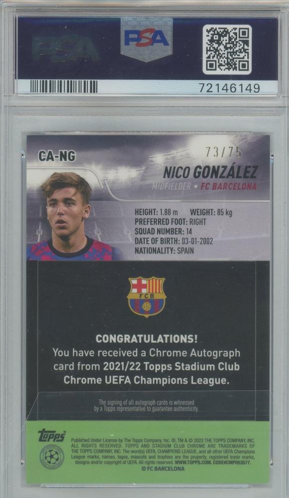 2021-22 Stadium Club Chrome UEFA Champions League Nico Gonzalez Autographs Blue Wave #CANG RC73/75PSA9 FC Barcelona