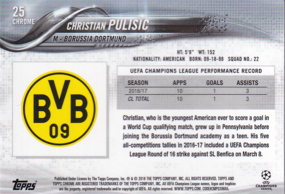 2017-18 Topps Chrome UEFA Champions League Borussia Dortmund Christian Pulisic base trading card