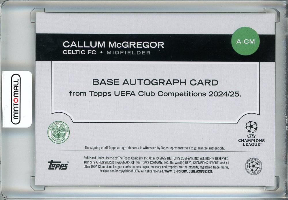 2024-25 Topps UEFA Club Competitions Callum McGregor Base Autographs/#A-CM Celtic FC