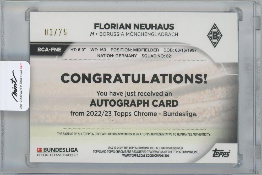 2022-23 TOPPS Chrome Bundesliga Autographs Pink Refractors / FLORIAN NEUHAUS(VfL Borussia Monchengladbach) 03/75